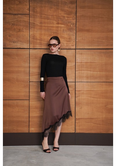 Verymoda Dantelli Asimetrik Etek D2951 Kahve