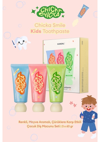 Renkli, Meyve Aromalı, Çürüklere Karşı Etkili Çocuk Diş Macunu Seti Kundal Chicka Smile Kids Toothpaste Set
