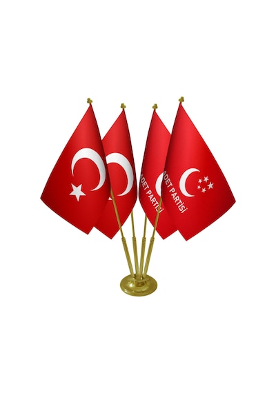 Masa Üstü Saadet Partisi Bayrağı Türk Bayrağı Dörtlü Pirinç Direk