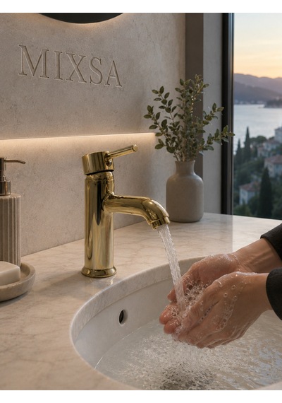 Lüx Gold Premium Sabit Lavabo Bataryası Pirinç Ağır Gövde Çift Su Girişli Lüx Lavabo Bataryası Çeşmesi Musluğu Altın