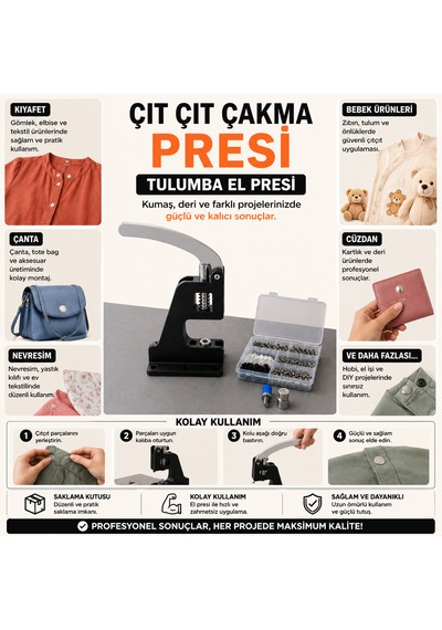 Portatif Küçük Tulumba El Presi - 150 Adet Kapaklı 12,5 Mm Metal Çıtçıt Ve Kalıp Çakım Seti