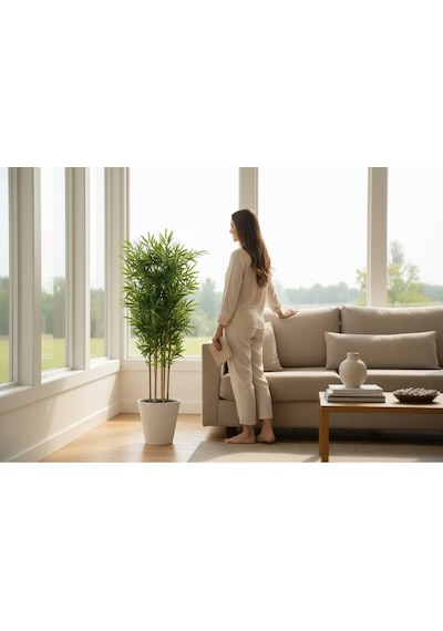 Yapay Bambu Ağaç 200 Cm 6 Dallı Yogun Yaprak Luna Beyaz Saksı Yeşil