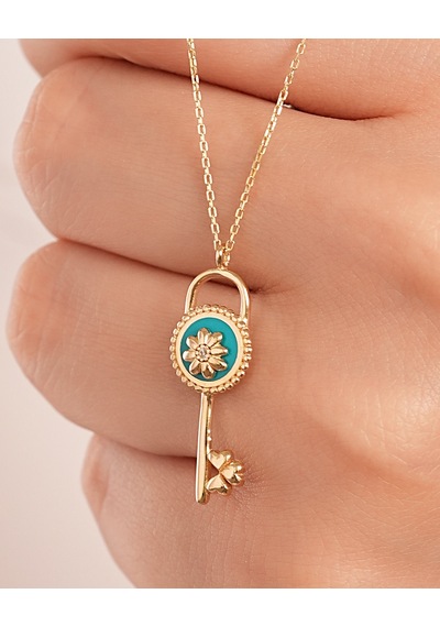Debora Jewelry 14 Ayar Altın Çiçekli Mineli Kilit Kolye
