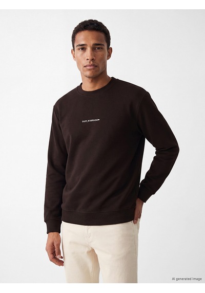 Lcw Vision Kahverengi Bisiklet Yaka Slogan Baskılı Erkek Sweatshirt