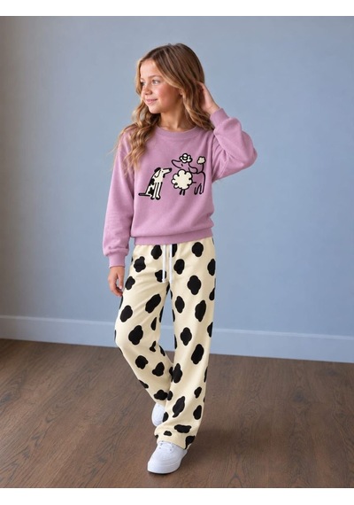 Sevimli Baskılı Şeker Pembe Sweatshirt & Desenli Eşofman Altı Kız Çocuk Alt Üst Takım