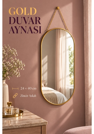 Dekoratif Duvar Aynası - Gold Metal Çerçeveli - İp Askılı - 24x40 Cm Diğer