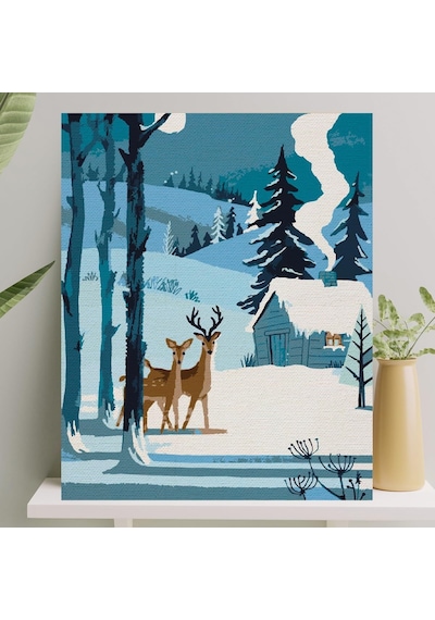 Palmiye Hobi Sanat Sayılarla Boyama Tuval Seti Fırça Boya Dahil Çıtalı 40x50 Cm - Kardaki Geyikler
