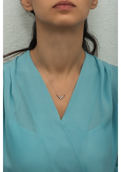 925 Ayar Gümüş Elmas Montür V Model Kolye Rose Gold
