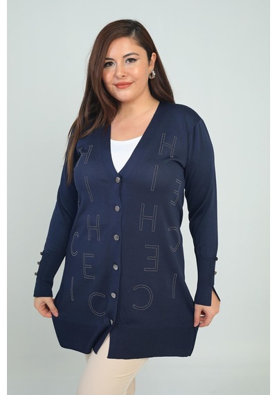 By Saygı Kadın Kolları Düğme Detaylı Taş Harf Baskılı Soğuk İplik Büyük Beden Hırka-41821 Lacivert By Saygı Kadın Kolları Düğme Detaylı Taş Harf Baskılı Soğuk İplik Büyük Beden Hırka-41821 Lacivert
