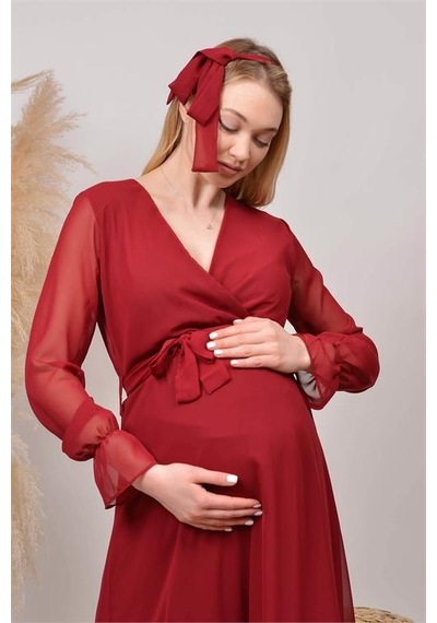Dip Moda Kadın Beyaz Baby Shower Şifon Hamile Elbise Dphml003 Bordo