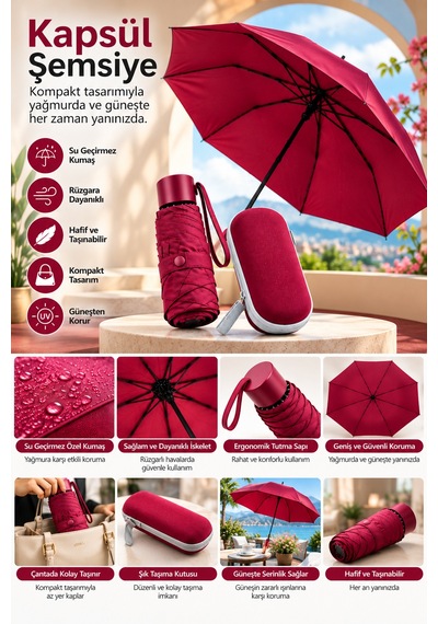Kapsül Şemsiye Bordo - Lisinya