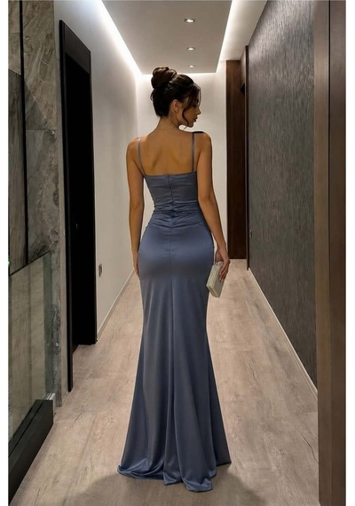 DefyModa Kadın Şık Model Saten Kumaş V Yaka Yırtmaçlı Askılı Abiye Elbise İndigo