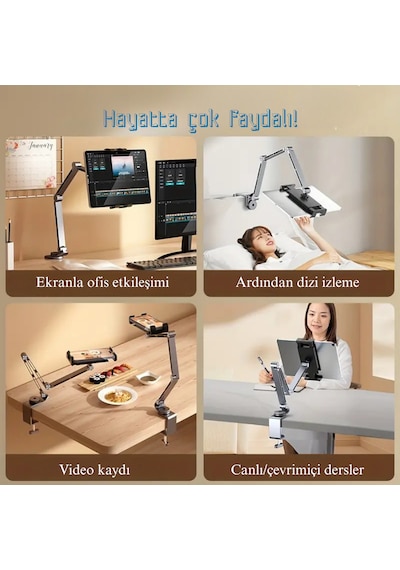 Alüminyum Akrobat Tablet & Telefon Tutucu Stand 360 Oynar Başlıklı Ayarlanabilir Uzun Kol