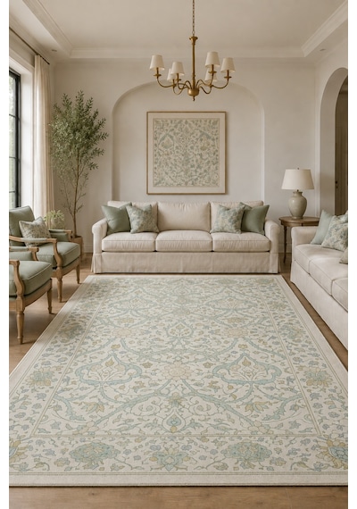 Saçaklı Salon Halısı Krem Mint Osmanlı Floral Desenli Th-3039 Krem - Mavi - Yeşil - Altın