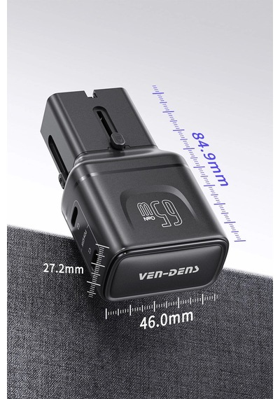 Ven-dens Vd-ta003 65 W Pd Pps 4 Ü 1 Arada Seyahat Adaptörü, 2 Usb-c Ve 1 Usb-a Port, Abd, Siyah