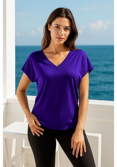 Kadın Mor Viskon Ön Arka V Yakalı T-shirt Yarasa Kol Relaxed Bluz Çok Renkli