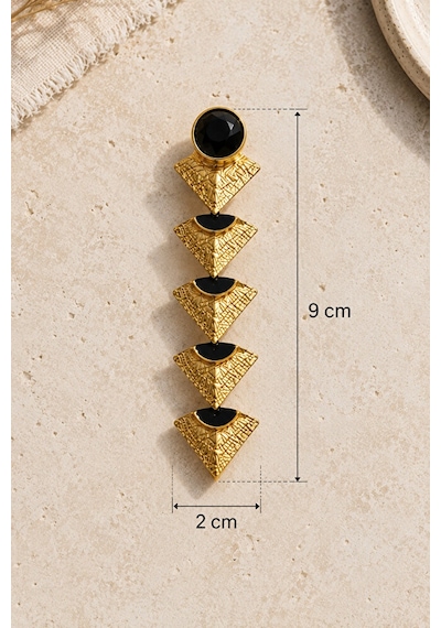 Geometrik Tasarım Taş Detaylı Sallantılı Küpe Siyah