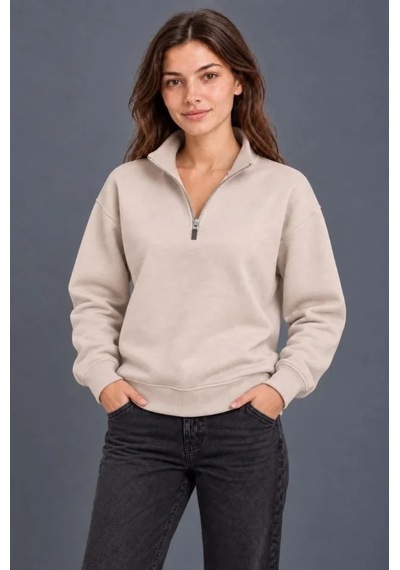 DefyModa Üç İplik İçi Şardonlu Dik Yaka Yarım Fermuarlı Kışlık Sweatshirt - Bej