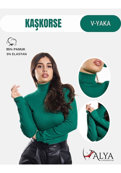 Alya Underwear Kaşkorse Tam Boğazlı Body Sweatshirt, Fitilli Kumaş, Likralı, Gül Kurusu Çimen Yeşili