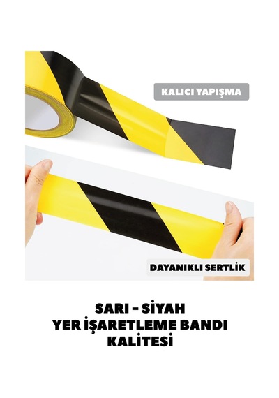 Sarı Siyah Yer İşaretleme Bandı Yapışkanlı Şerit Bant İkaz Bandı Çizgili Bant