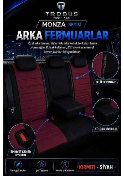 Mitsubishi Asx 2010+ Uyumlu Monza Serisi Tay Tüyü Oto Koltuk Kılıfı Bordo Siyah