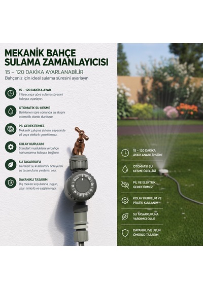 Mekanik Bahçe Sulama Zamanlayıcısı 15-120 Dakika Ayarlı Otomatik Musluk Sulama Saati Tek Program