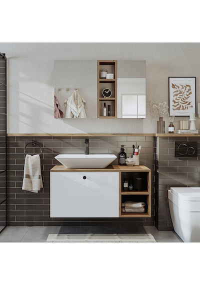 Lotus Lavabolu Mdf 95 Cm Banyo Dolabı + Aynalı Üst Dlp Atlantik Çam - Beyaz
