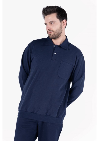 İki İplik Polo Yaka Cepli Sweatshirt Lacivert