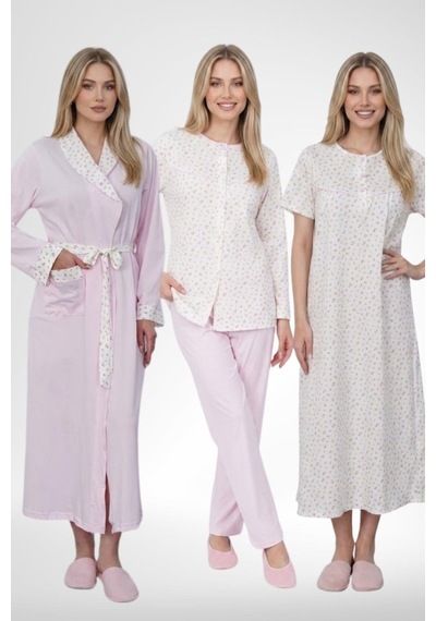 Mecit Pijama Mecit 6387 Pembe Büyük Beden Kadın Sabahlık Gecelik Pijama Takımı