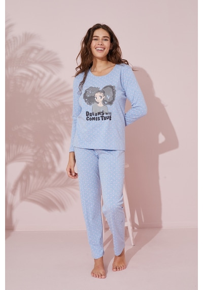 Siyah İnci Pamuklu Örme Pijama Takım 24241084 mavi