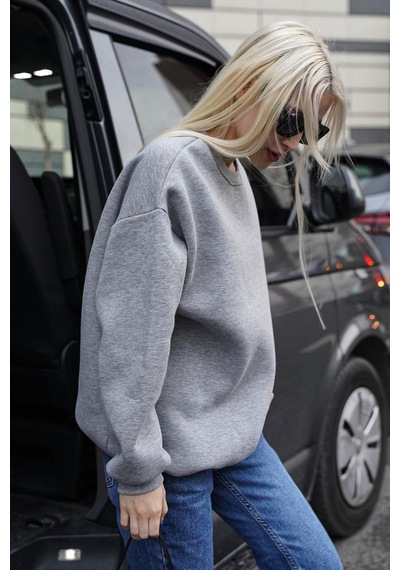 Madmext Madmext MG1559 Bisiklet Yaka Basic Kadın Sweatshirt - Gri