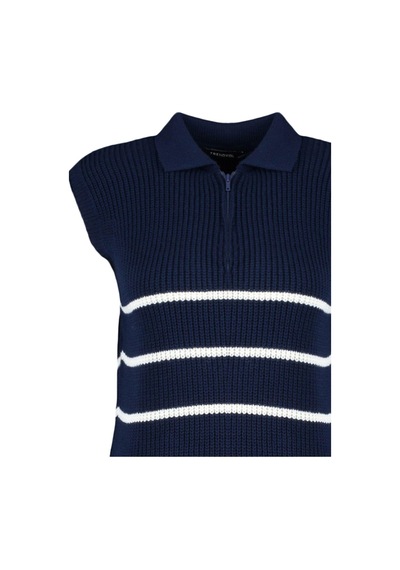 Ersefa Stil Modern Kadın Regular Standart Kol Polo Yaka Fermuarlı Çizgil Lacivert