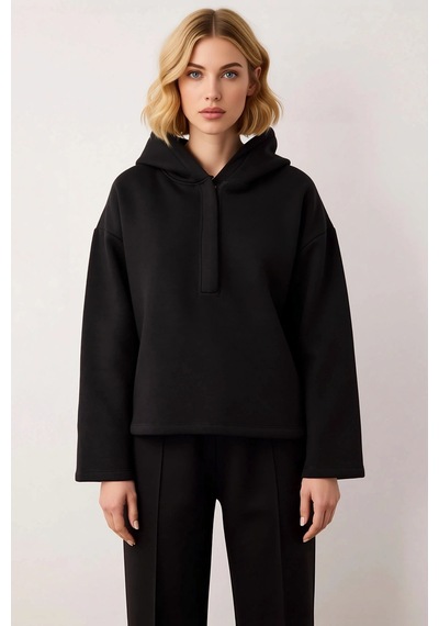 Benerly Kadın Kapüşonlu Düşük Kol Oversize Örme Sweatshirt Fonksiyonel Da siyah