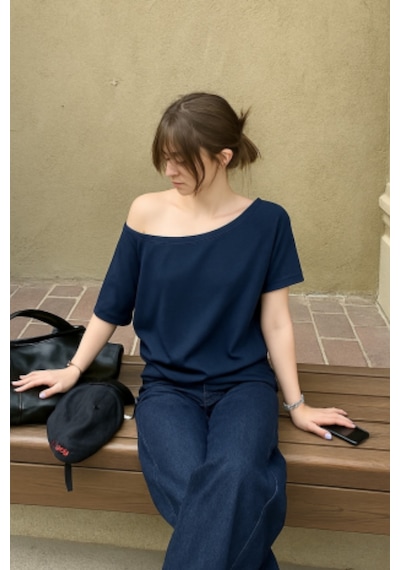 Lacivert Beyaz Siyah 3lü Paket Kadın Düşük Omuz Kayık Yaka Oversize T-shirt Siyah