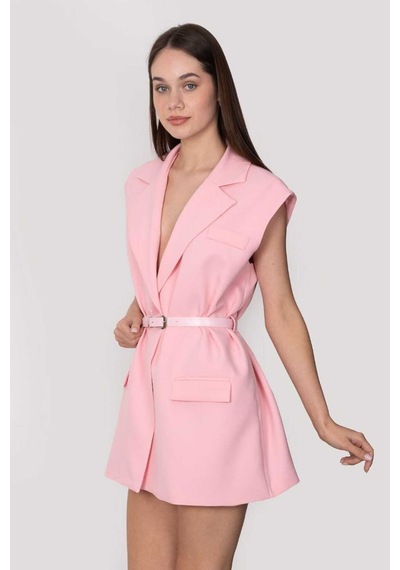 Rawea Kemerli Şal Yaka Blazer Yelek - Oversize & Pamuklu Pembe