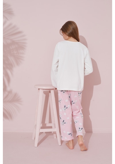 Siyah İnci Pamuklu Örme Pijama Takım 24241093 Ekru