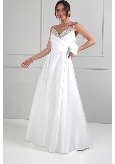 By Saygı Kadın İp Askılı Yaka Taş Detaylı Drapeli Beli Fiyonklu Astarlı Tafta Saten Uzun Elbise Beyaz By Saygı Kadın İp Askılı Yaka Taş Detaylı Drapeli Beli Fiyonklu Astarlı Tafta Saten Uzun Elbise Beyaz