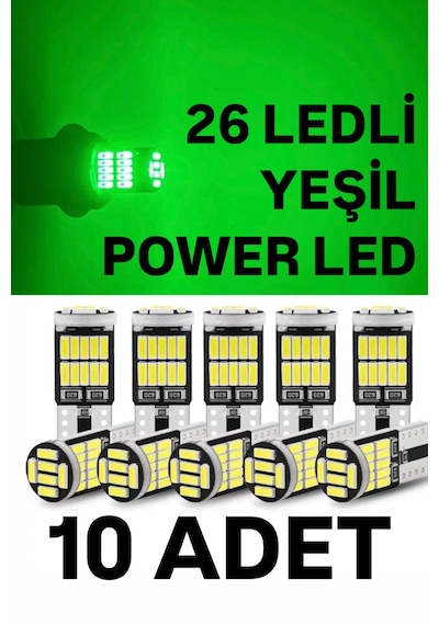 T10 Led 26 Ledli 10 Adet W5w Metal Ultra Power Yeşil Park Plaka Tavan Ampulü