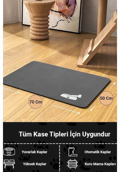 MAtGo Pati Evcil Hayvan Beslenme Matı Kemik Figürlü Su Geçirmez Kaymaz Gri Kedi Köpek Mama Paspası 50 x 70 CM