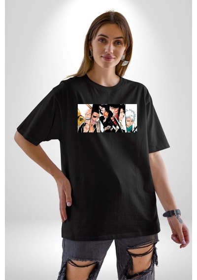 Bleach Anime Pamuklu Bisiklet Yaka Unisex Oversize Boyfriend Dijital Baskılı Siyah T-shirt Siyah