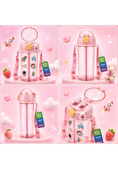 Heydiye Mâbeyn İkili Suluk 550 Ml Tritan Bpa-bps Free Matara, Çift Hazneli, Çift İçim Kapaklı, Bilek Ve Boyun Askılı, Sticker & 3d Figür Hediyeli Açık Pembe