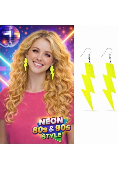 80 Ler 9039lar Retro Neon Sarı Şimşek Küpe 10 Cm "