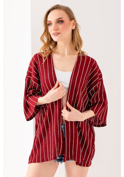 Giysa Kadın Yarım Kol Çizgili Bürümcük Kimono Bordo - 254406 Bordo