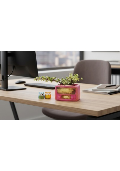 Artepieza Retro Radyo Sukulent Saksısı Ve Kalemlik - Masaüstü Dekoratif Organizer Pembe 12 8 12cm
