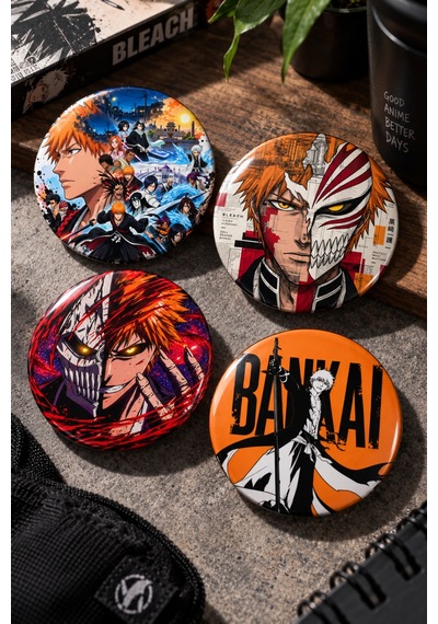Bleach 58mm 4'lü Rozet Seti Ichigo Kurosaki Anime Çanta Mont Ceket Rozeti Çok Renkli