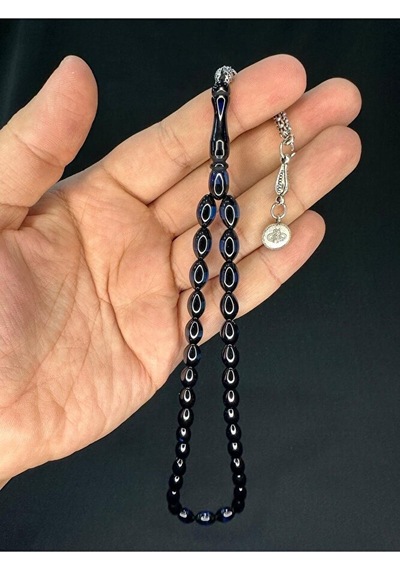 Siyah Mavi Sürmeli Uçak Camı Tesbih Arpa Kesim 11mmx7mm T-765