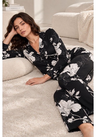 Gd Goldoremi 30163 Kadın Premium Uzun Kollu Önden Düğmeli Pijama Takım Siyah
