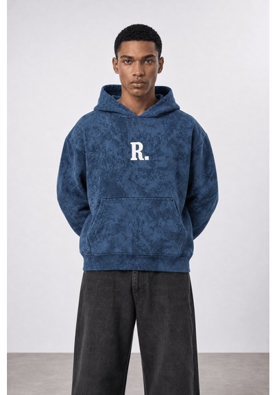 Respire Erkek Revere Nakışlı Yıkamalı Oversize Hoodie Lacivert