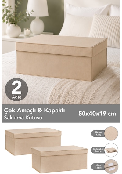 2'li Organizer Baza Hurç Seti - Çok Amaçlı Kapaklı Saklama Kutusu 50x40x19cm Bej