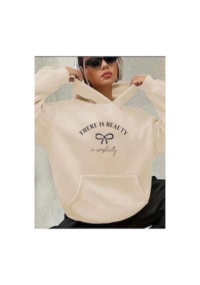 Herkesemoda There İs Beauty Baskılı İçi Polarlı Kapüşonlu Sweatshirt Bej